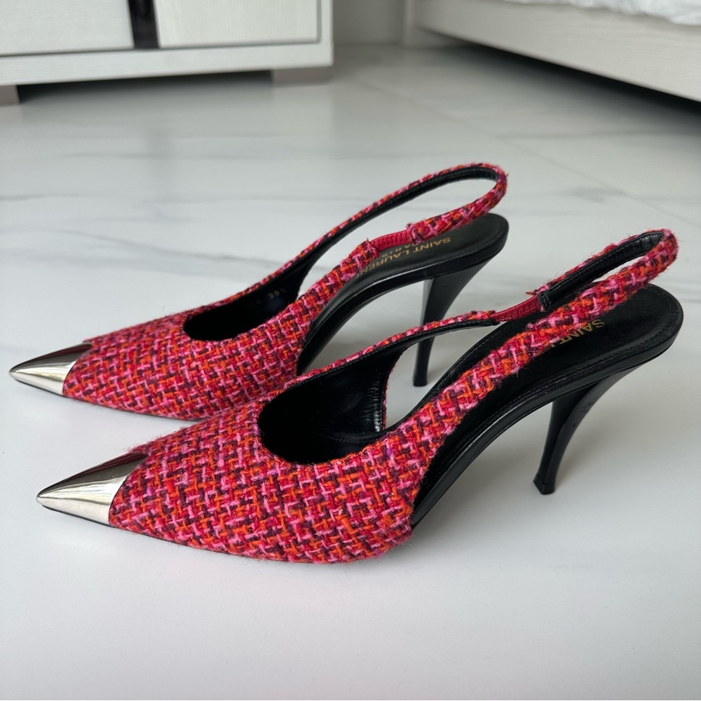 SAINT LAURENT Red Tweed Slingbacks